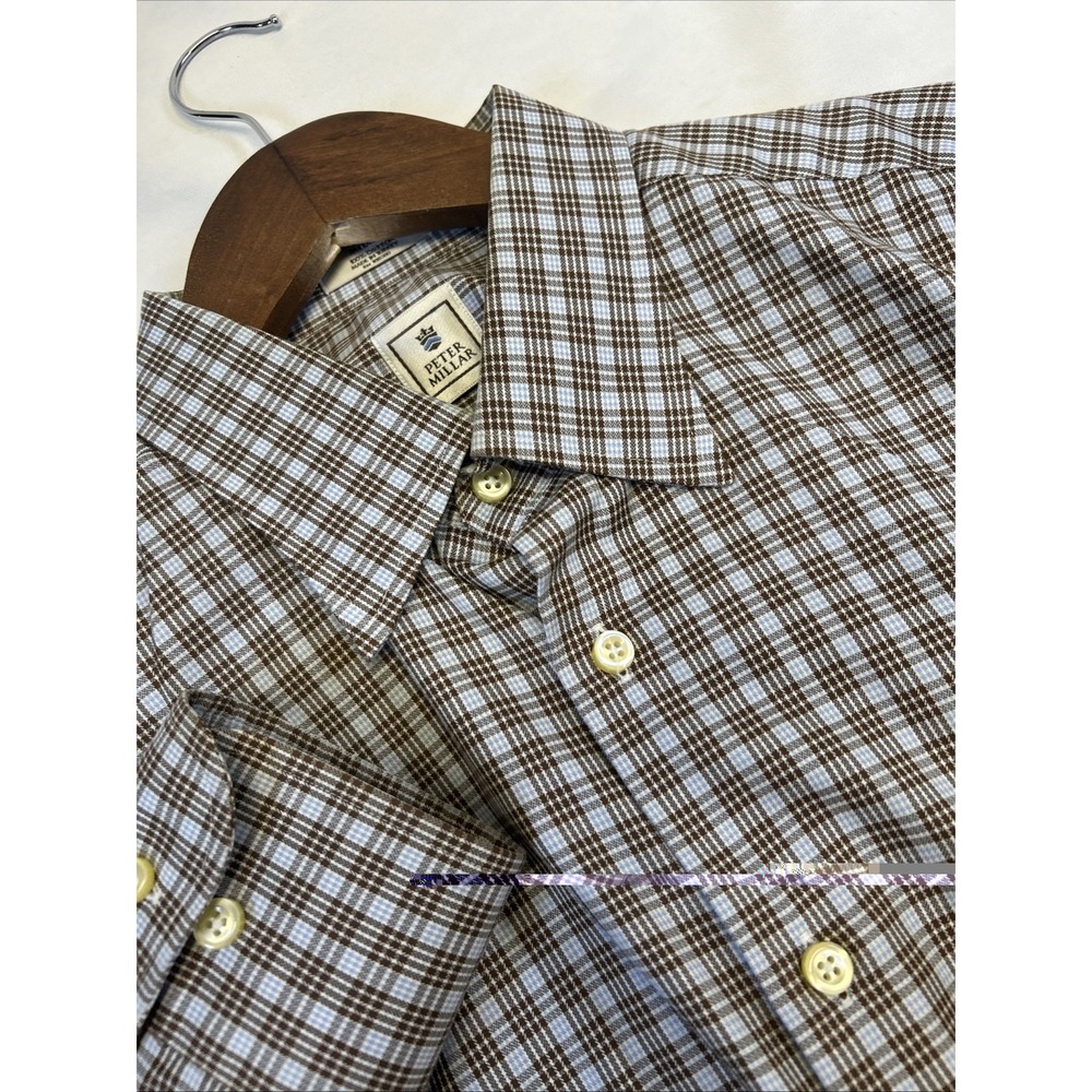 Peter Millar Button Up Shirt‎ Brown Plaid Long Sleeve Button Down Men's M Cotton